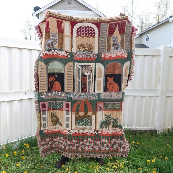 Vintage 90s multicolor cats in windows woven tapestry blanket - Picture 4 of 4